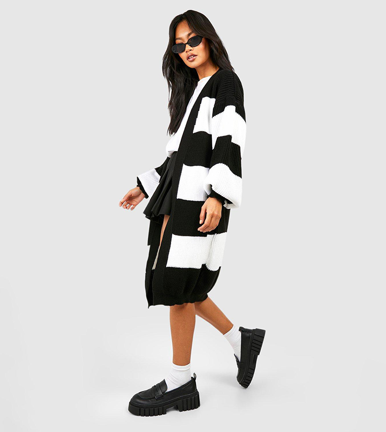 Buy Boohoo Wide Striped Balloon Sleeves Maxi Cardigan In Black