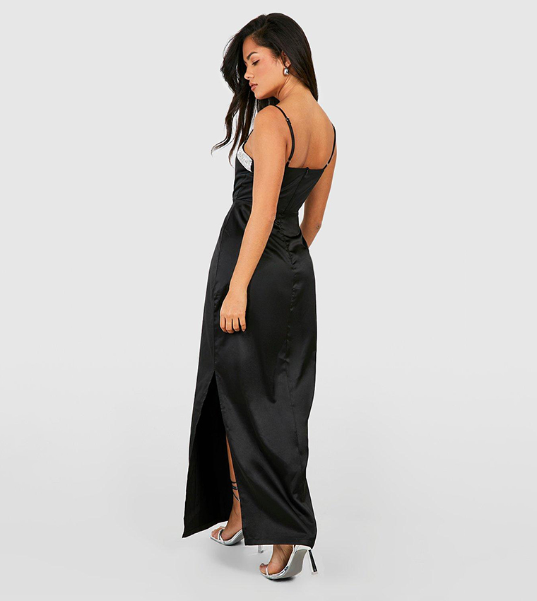 Buy Boohoo Diamante Strappy Satin Maxi Dress In Black