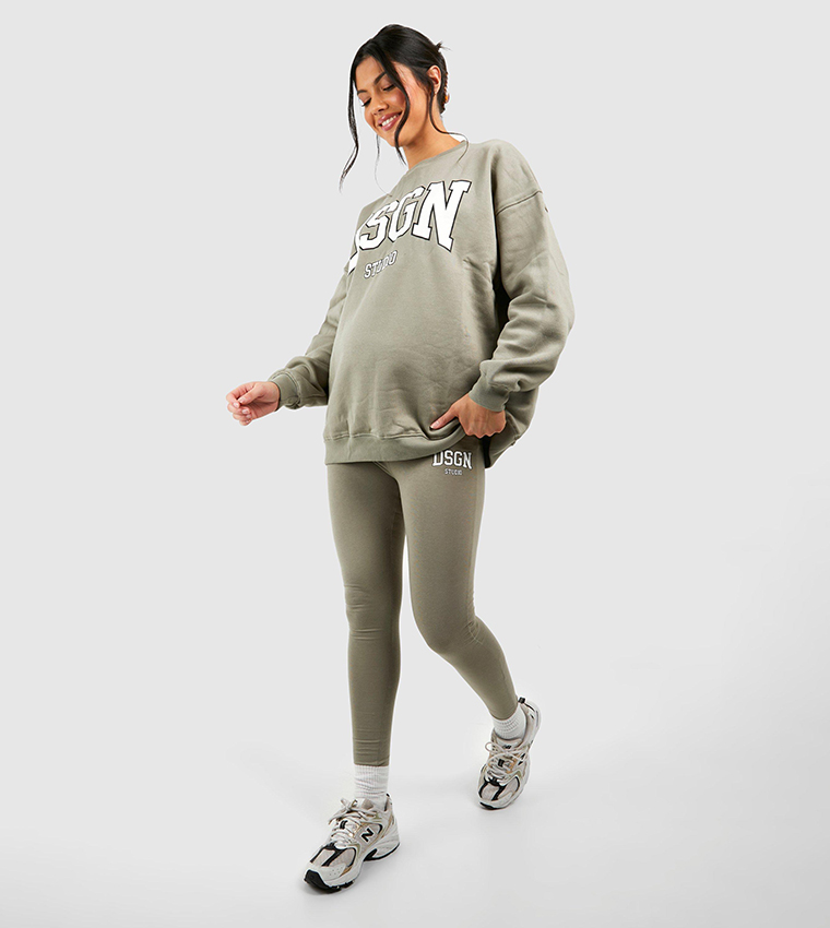 Buy Boohoo Design Studio Slogan Legging Maternity Tracksuit Set In Khaki