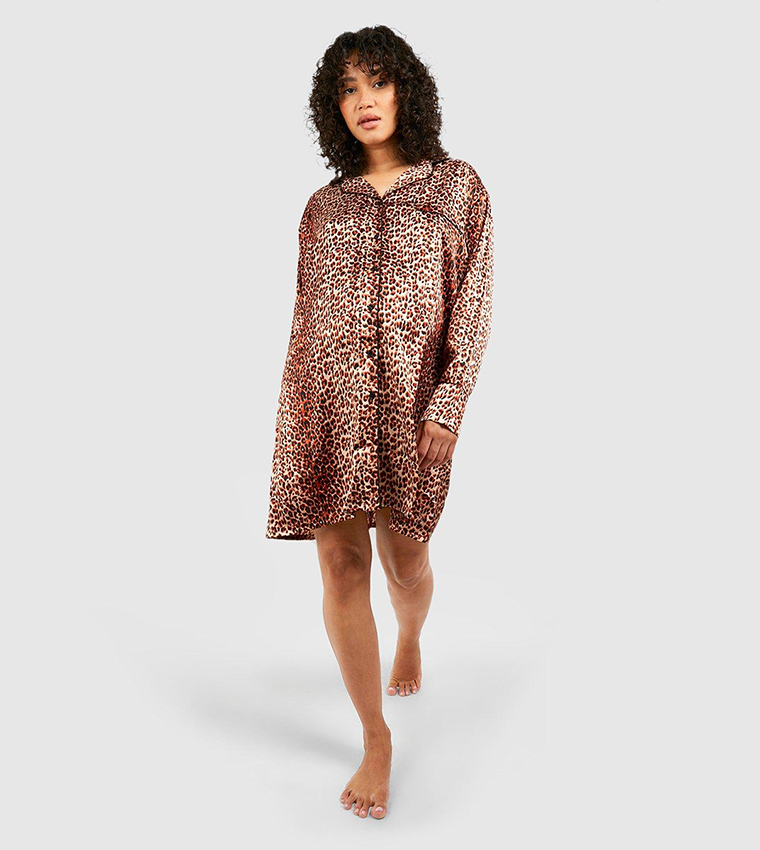 Buy Boohoo Oversized Satin Leopard Print Night Shirt In Brown