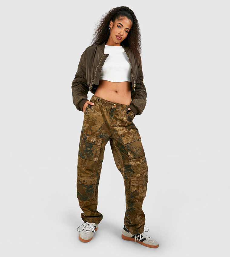 Buy Boohoo Camouflage Multi Pocket Relaxed Fit Cargo Pants In Khaki