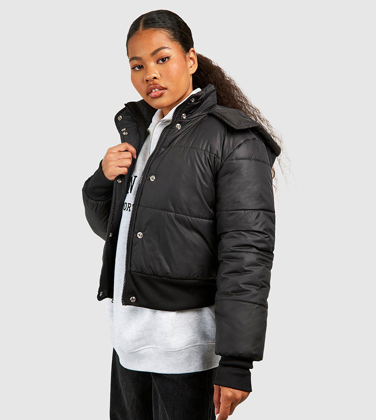 Buy Boohoo Petite Funnel Neck Rib Detail Puffer Jacket In Black