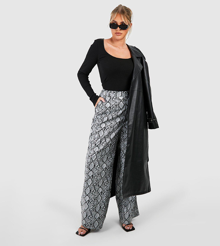 Buy Boohoo Snake Leather Look Wide Leg Trousers In Grey