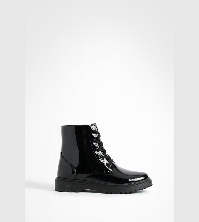 Patent black store biker boots