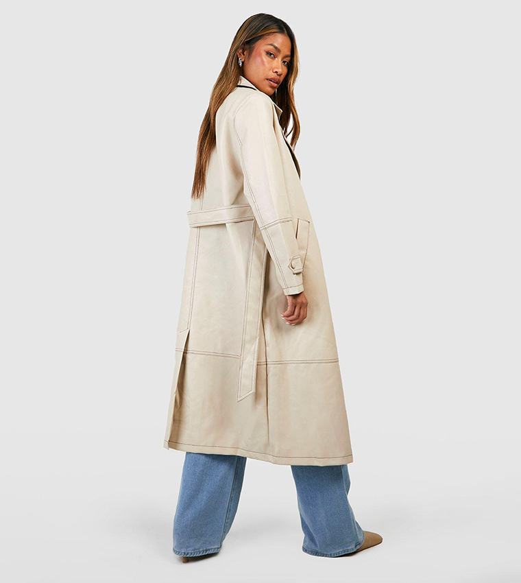 Buy Boohoo Contrast Stitch Detail Faux Leather Trench Coat In