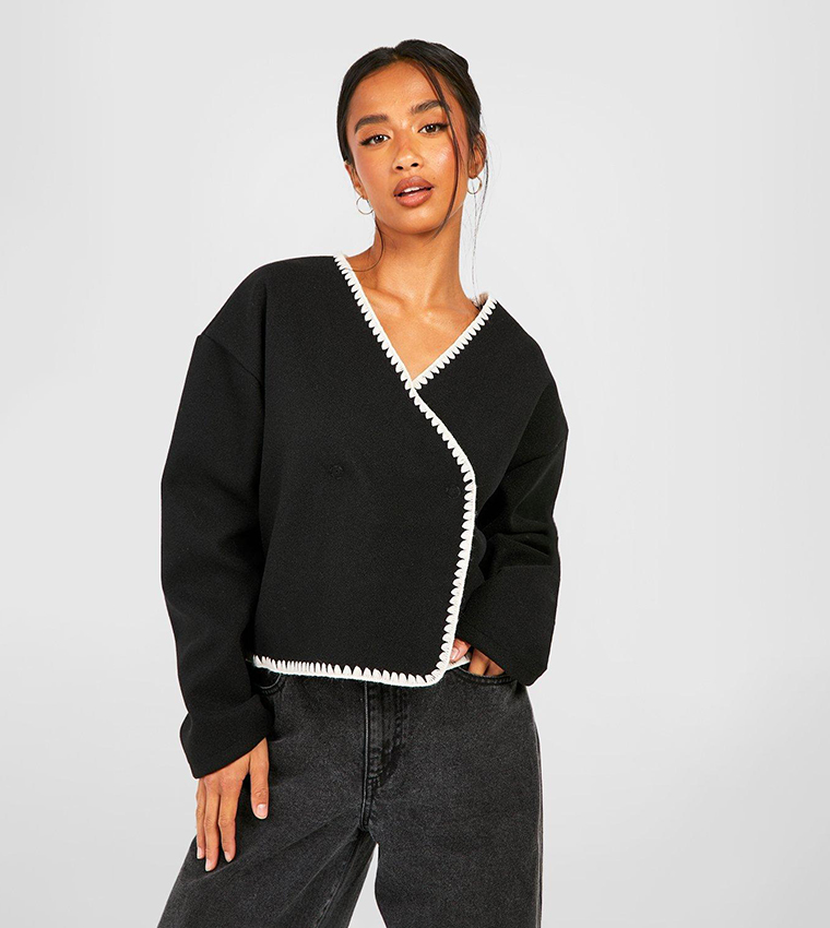 Contrast Stitch Wool Look Boxy Jacket