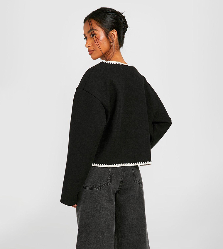 Contrast Stitch Wool Look Boxy Jacket