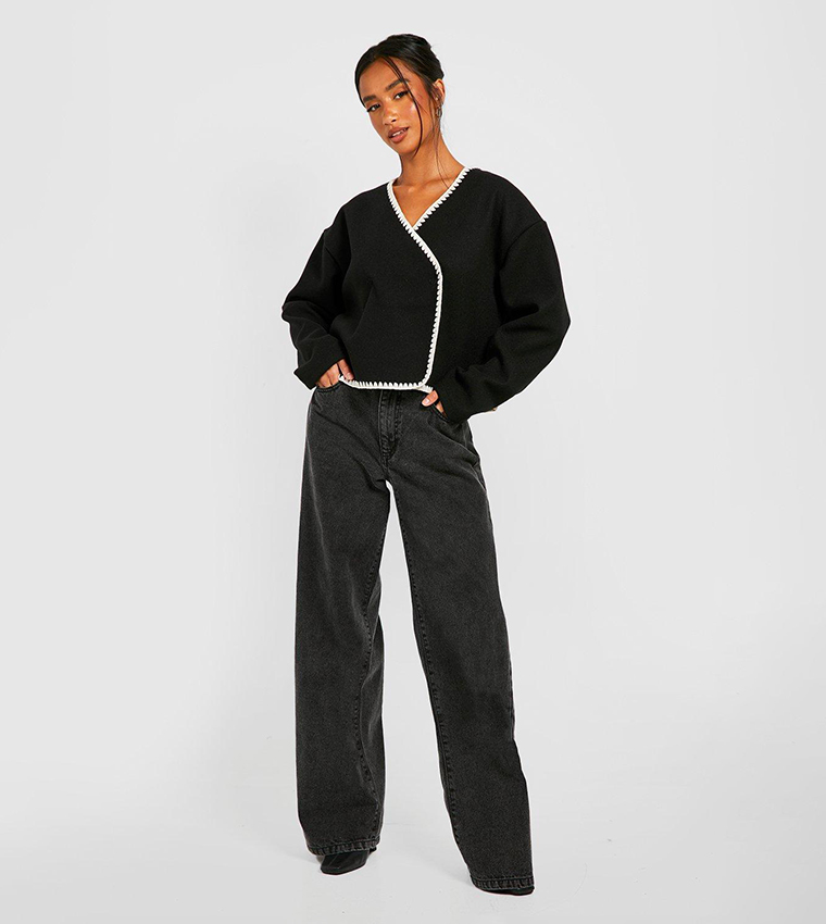 Contrast Stitch Wool Look Boxy Jacket