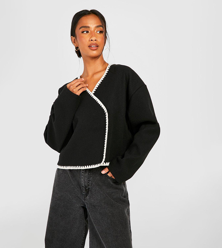 Contrast Stitch Wool Look Boxy Jacket