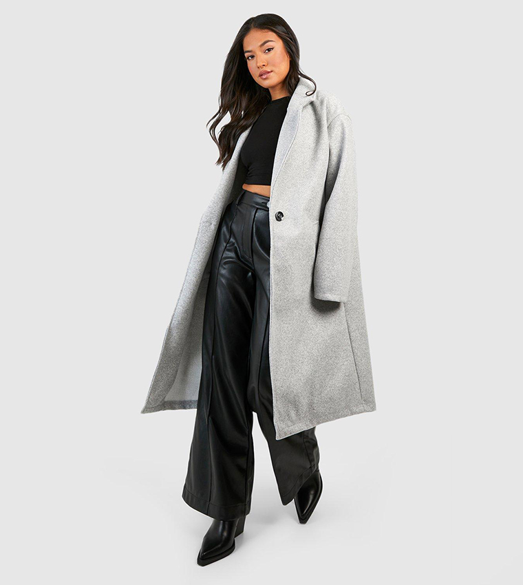 boohoo Short Belted Textured Wool Look Coat - Grey - Size 12