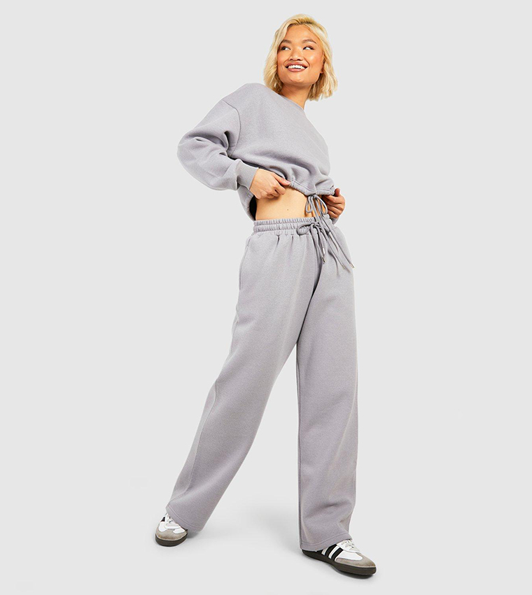 Buy Boohoo Cropped Drawstring Sweatshirt Straight Fit Jogger Tracksuit Set In Grey 6thStreet UAE