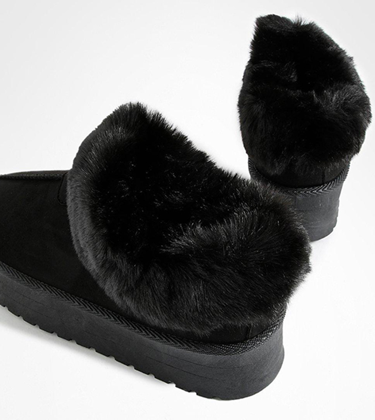 Buy Boohoo Faux Fur Platform Slip On Cosy Mules In Black