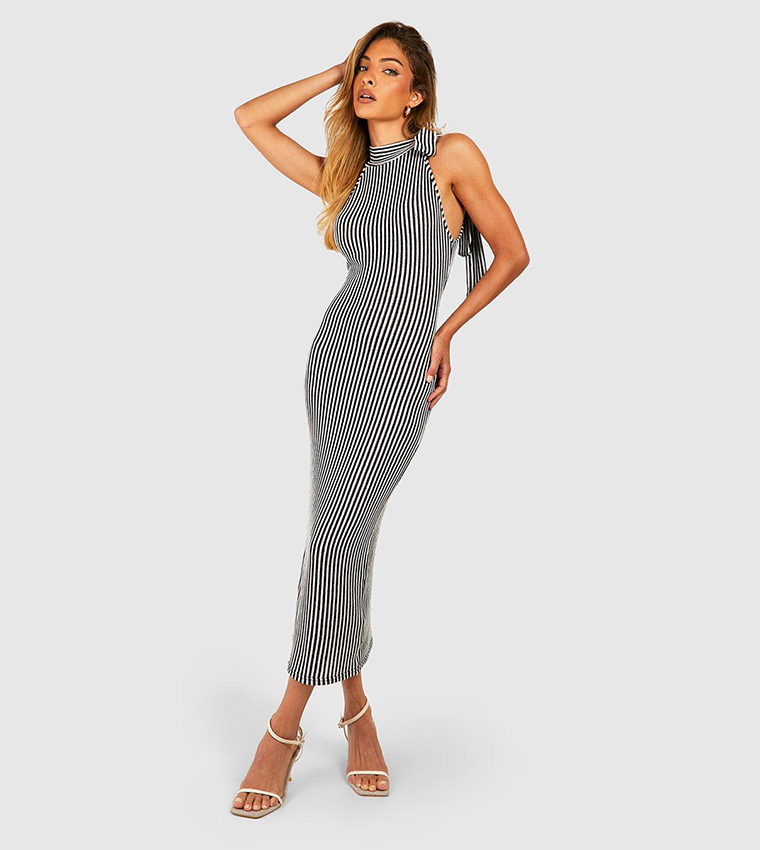 White Textured Rib Twist Cut Out Midaxi Dress