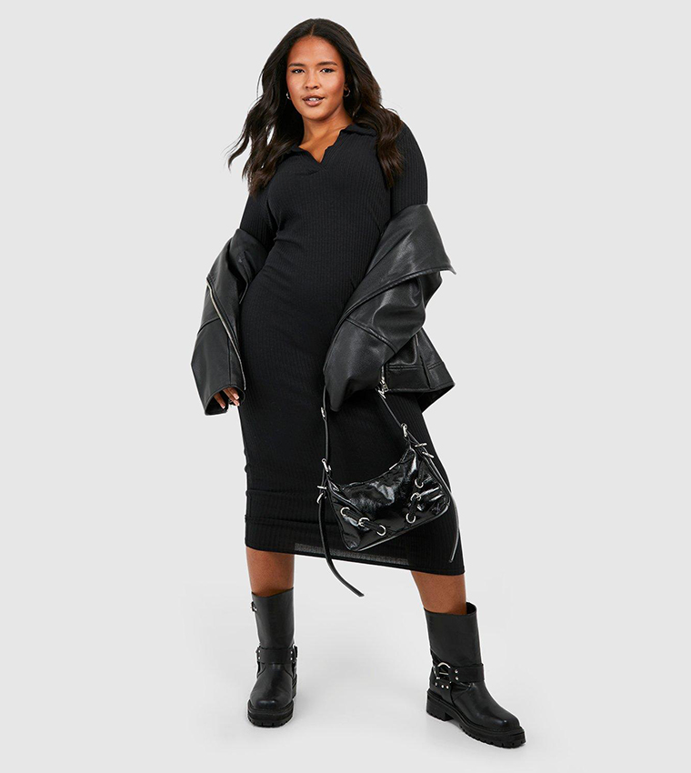 Plus Size Boohoo Black Leather Dress Buy Boohoo Soft Rib Collar