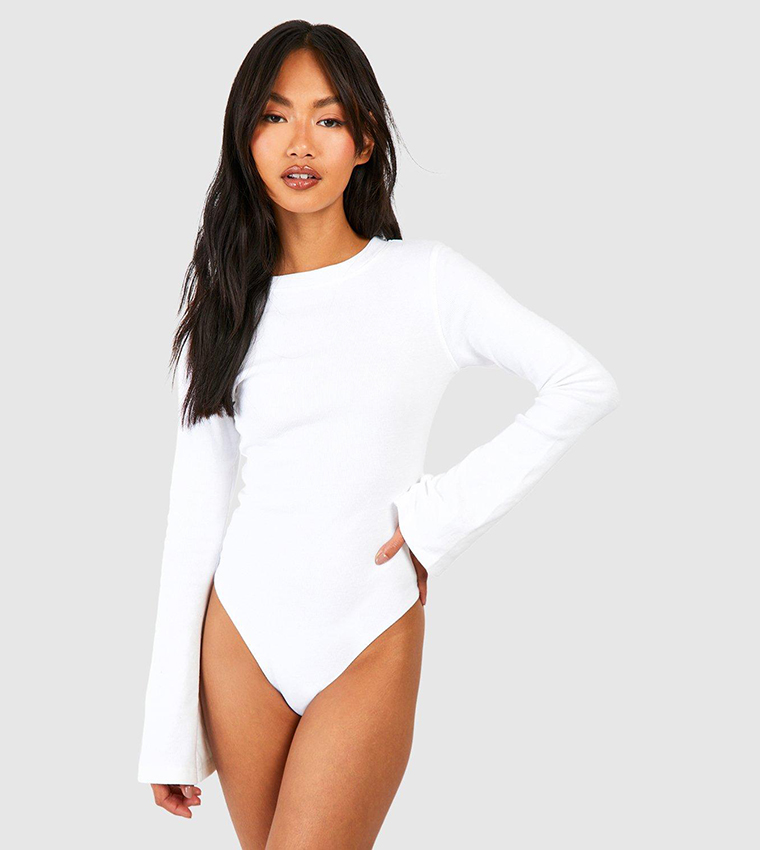 Buy Boohoo Basic Ribbed Flare Sleeves Bodysuit Top In White