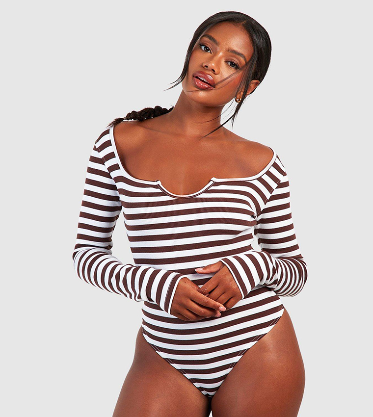 Buy Boohoo Ribbed Notch Neck Long Sleeves Striped Bodysuit Top In