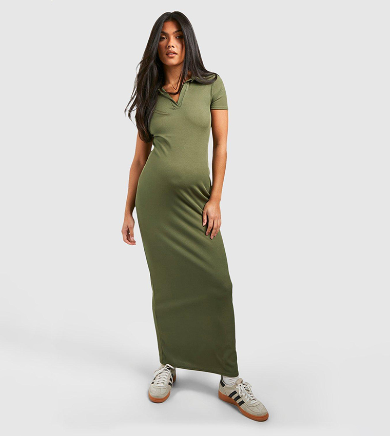 Buy Boohoo Tall Rib Open Collar Midaxi Column Dress In Khaki 6thStreet Bahrain