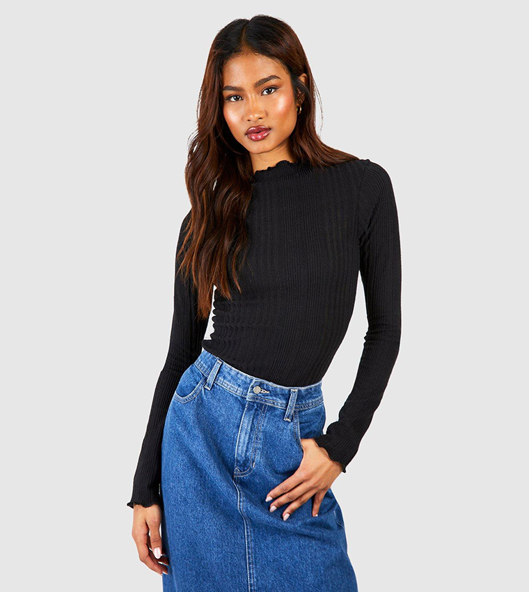 Buy Boohoo Tall Soft Ribbed Funnel Neck Long Sleeves Bodysuit Top In Black