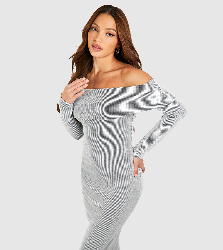 Buy Boohoo Tall Two Tone Rib Bardot Midaxi Dress In Grey 6thstreet Kuwait