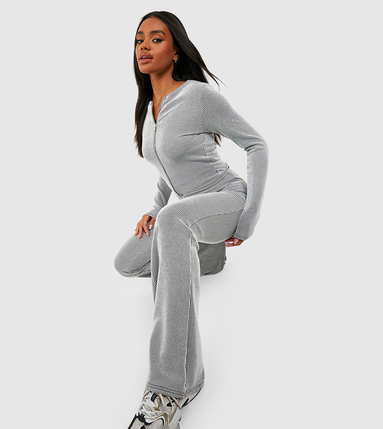 2 Tone Rib Zip Up Top and Flared Trousers