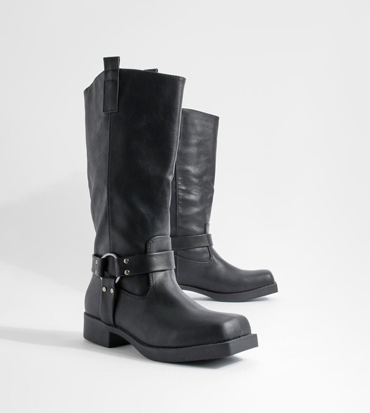 Buy Boohoo Buckle Detail Square Toe Knee High Chunky Biker Boots In Black 6thStreet UAE