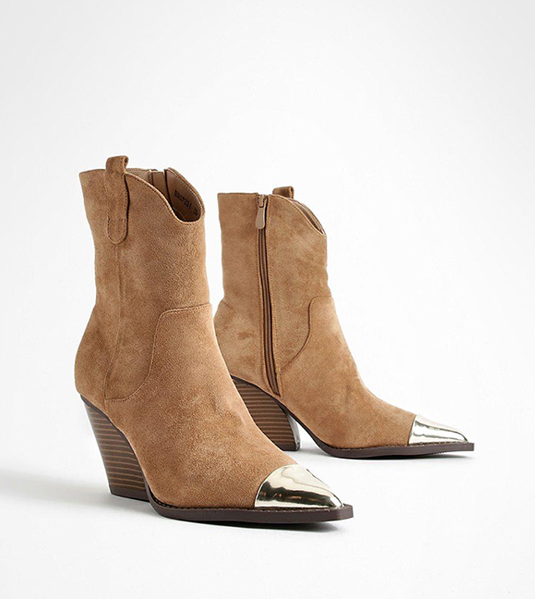 Buy Boohoo Metal Toe Cap Western Cowboy Ankle Boots In Beige