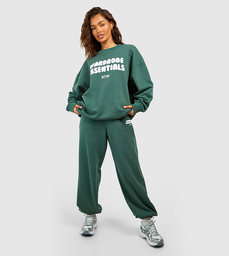 Buy Boohoo Wardrobe Essentials Slogan Sweatshirt Tracksuit Set In - Main Image
