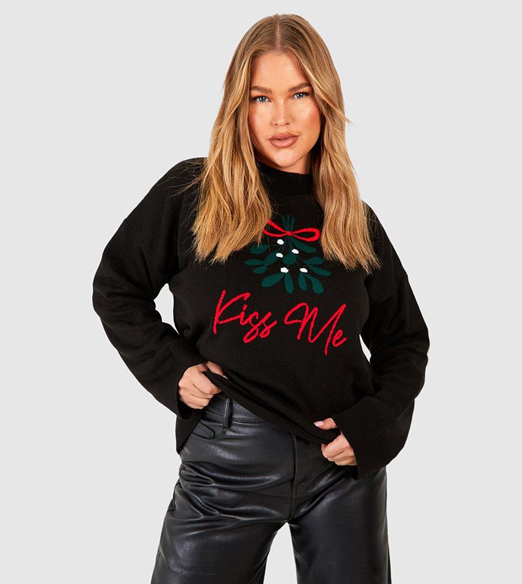Buy Boohoo Kiss Me Slogan Fairisle Christmas Sweater In Black