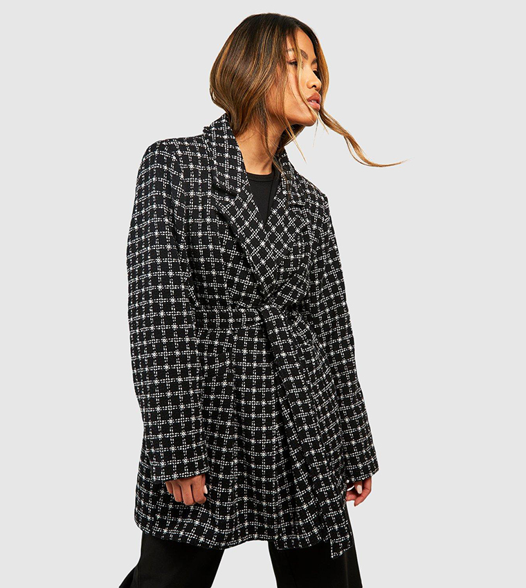 Buy Boohoo Check Boucle Belted Coat In Black 6thStreet Bahrain