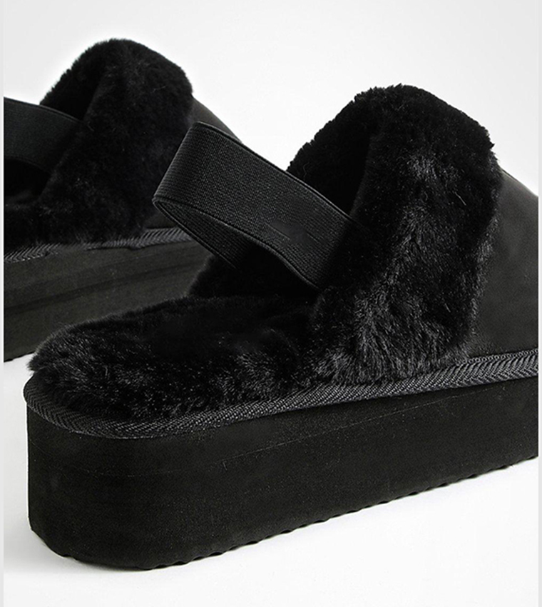 Buy Boohoo Platform Slingback Faux Fur Slippers In Black