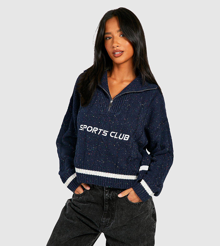 Buy Boohoo Petite Embroidered Cable Knit Cropped Half Zip Sweater In Navy 6thStreet Oman