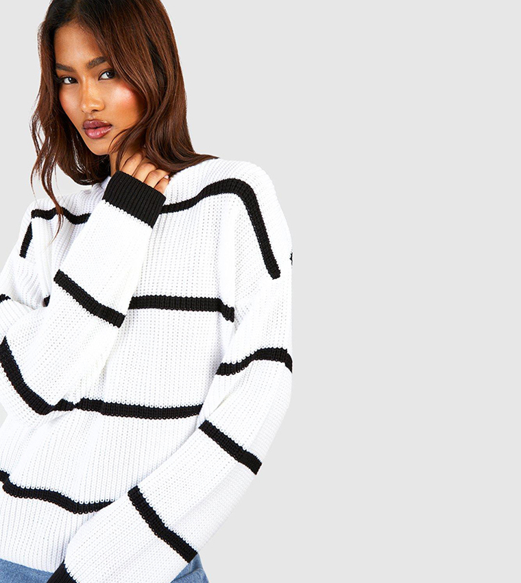 Buy Boohoo Slim Striped Ribbed Knitted Oversized Sweater In White