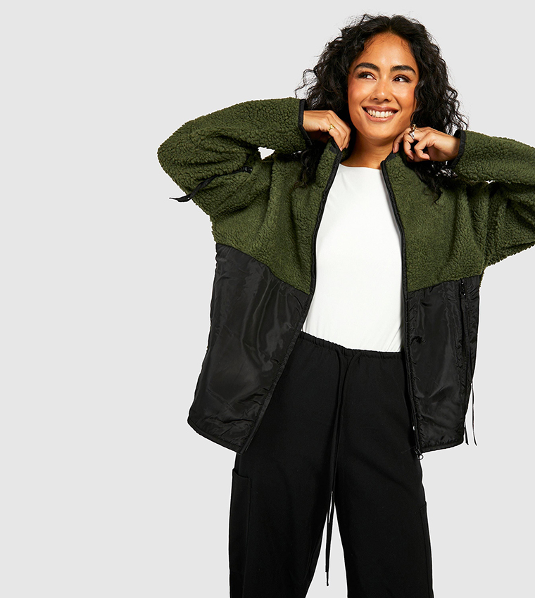 Contrast Detail Nylon Sherpa Zip-Through Jacket