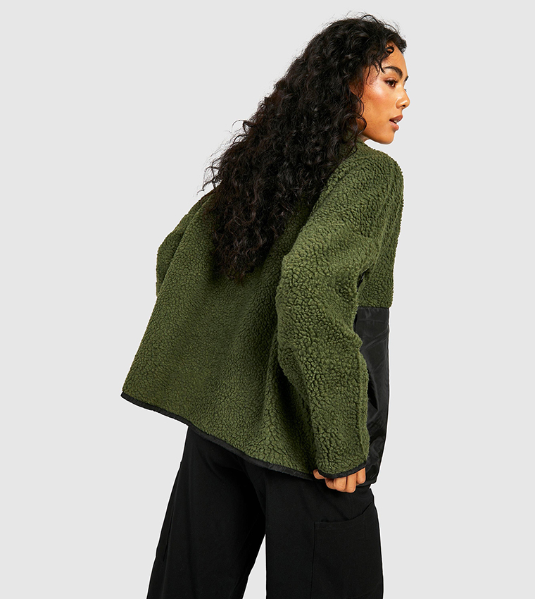 Contrast Detail Nylon Sherpa Zip-Through Jacket