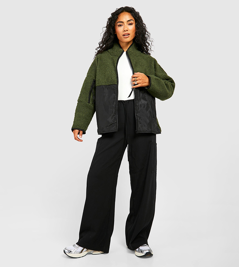 Contrast Detail Nylon Sherpa Zip-Through Jacket