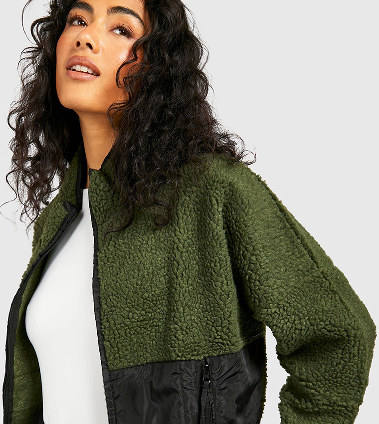 Contrast Detail Nylon Sherpa Zip-Through Jacket