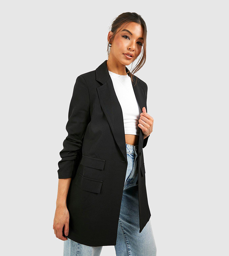 Buy Boohoo Plunge Front Ruched Sleeves Longline Blazer In Black