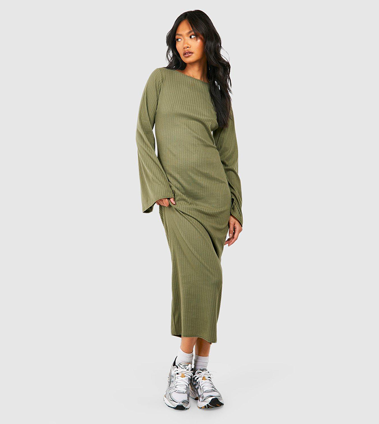 Buy Boohoo Ribbed Knit Flare Sleeves Midaxi Dress In Khaki