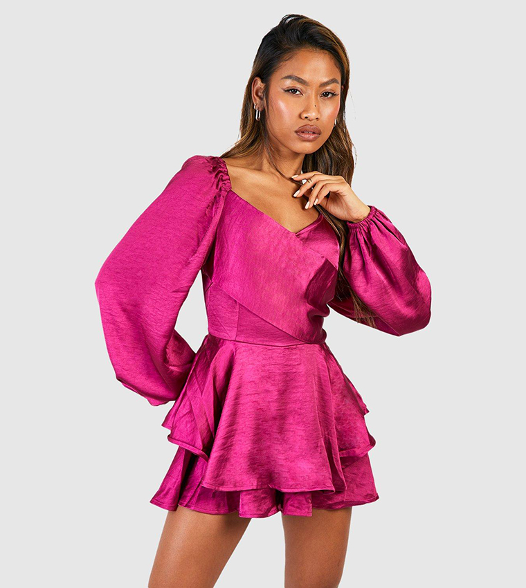 Buy Boohoo Satin Ruffle Wrap Romper In Pink 6thStreet Bahrain