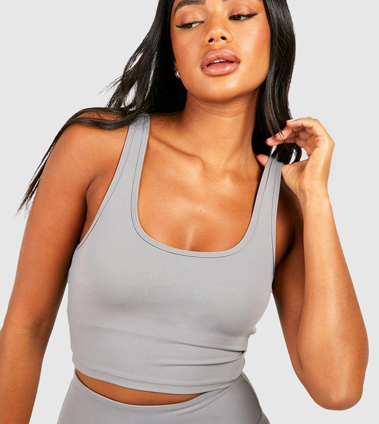 Buy Boohoo Supersoft Peached Sculpt Padded Sports Bra In Grey
