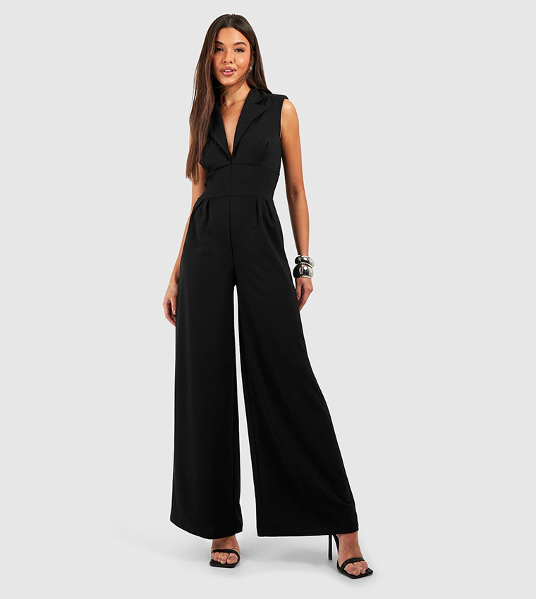 Black Ribbed Strappy Corset Wide Leg Jumpsuit