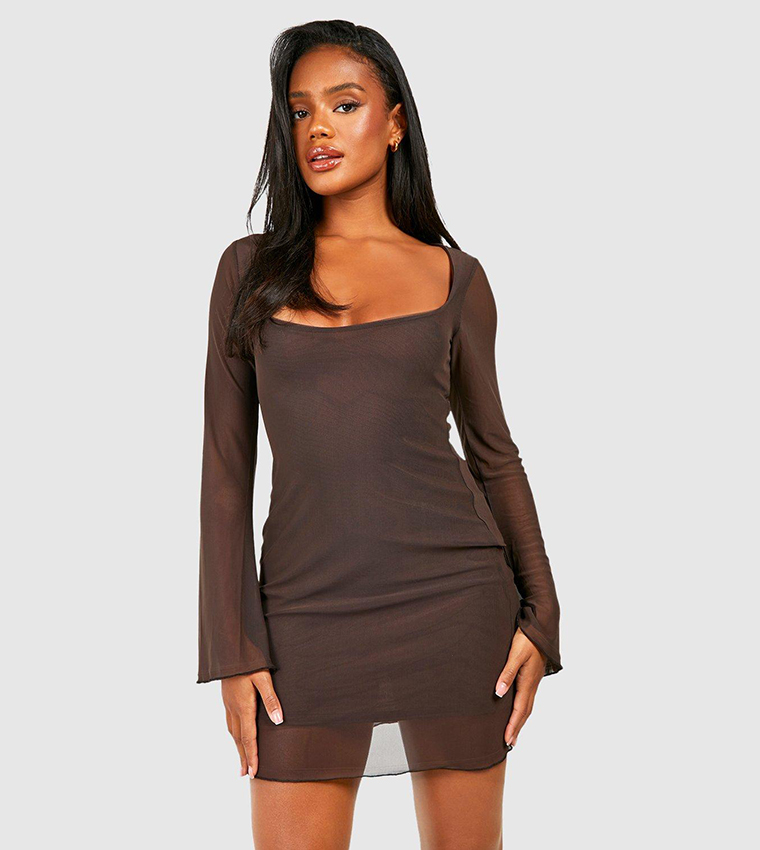 Buy Boohoo Mesh Flared Sleeves Mini Dress In Brown 6thStreet Oman