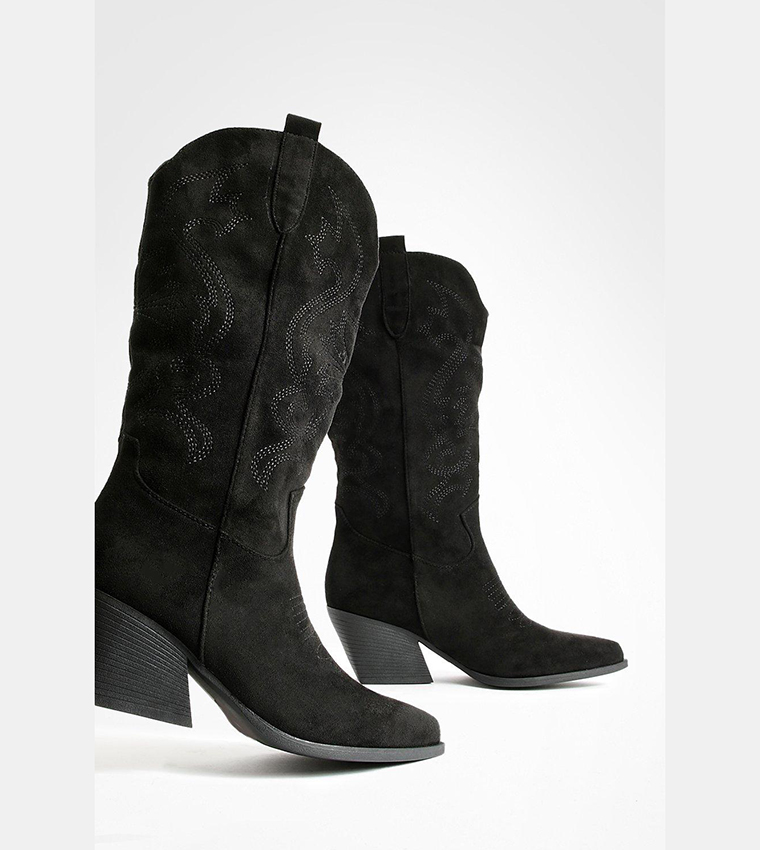 Buy Boohoo Embroidered Knee High Western Cowboy Boots In Black