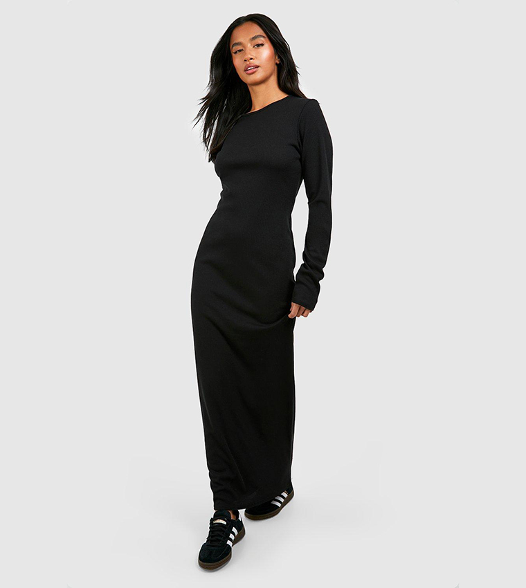 Buy Boohoo Petite Round Neck Long Sleeves Maxi Dress In Black