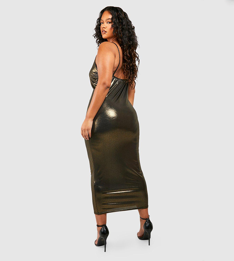 slim fit dress slacks Seraphine Gold Print Lurex Midaxi Dress
