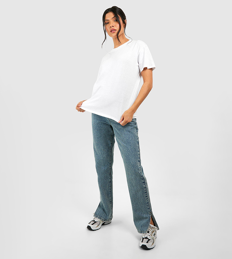 Buy Boohoo Maternity Over Bump Split Straight Fit Jeans In Blue 6thStreet Bahrain