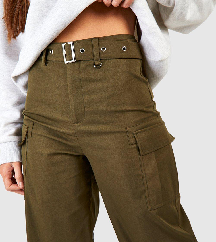 Buy Boohoo Tall Eyelet Belted Cargo Trousers In Khaki | 6thStreet Qatar