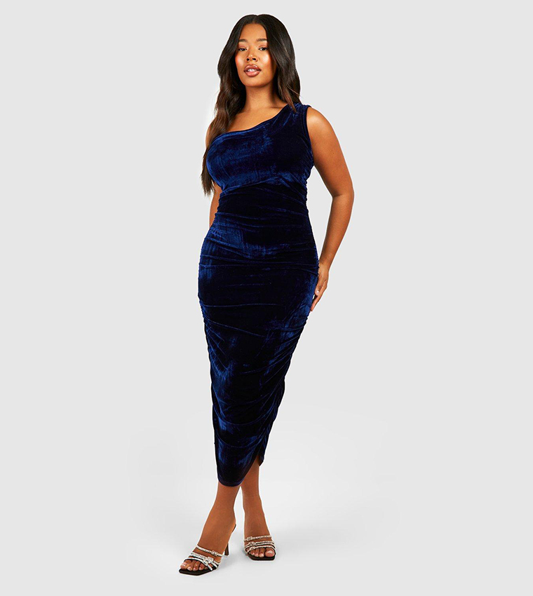 Buy Boohoo Velvet One Shoulder Ruched Midi Dress In Navy