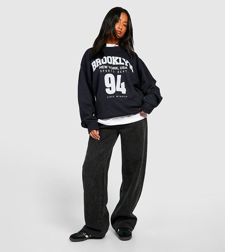 Buy Boohoo Brooklyn Slogan Printed Varsity Oversized Sweatshirt In Navy 6thStreet Kuwait