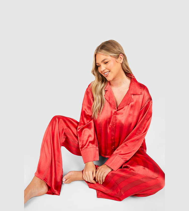 Buy Boohoo Oversized Crop Striped Pajama Set In Red